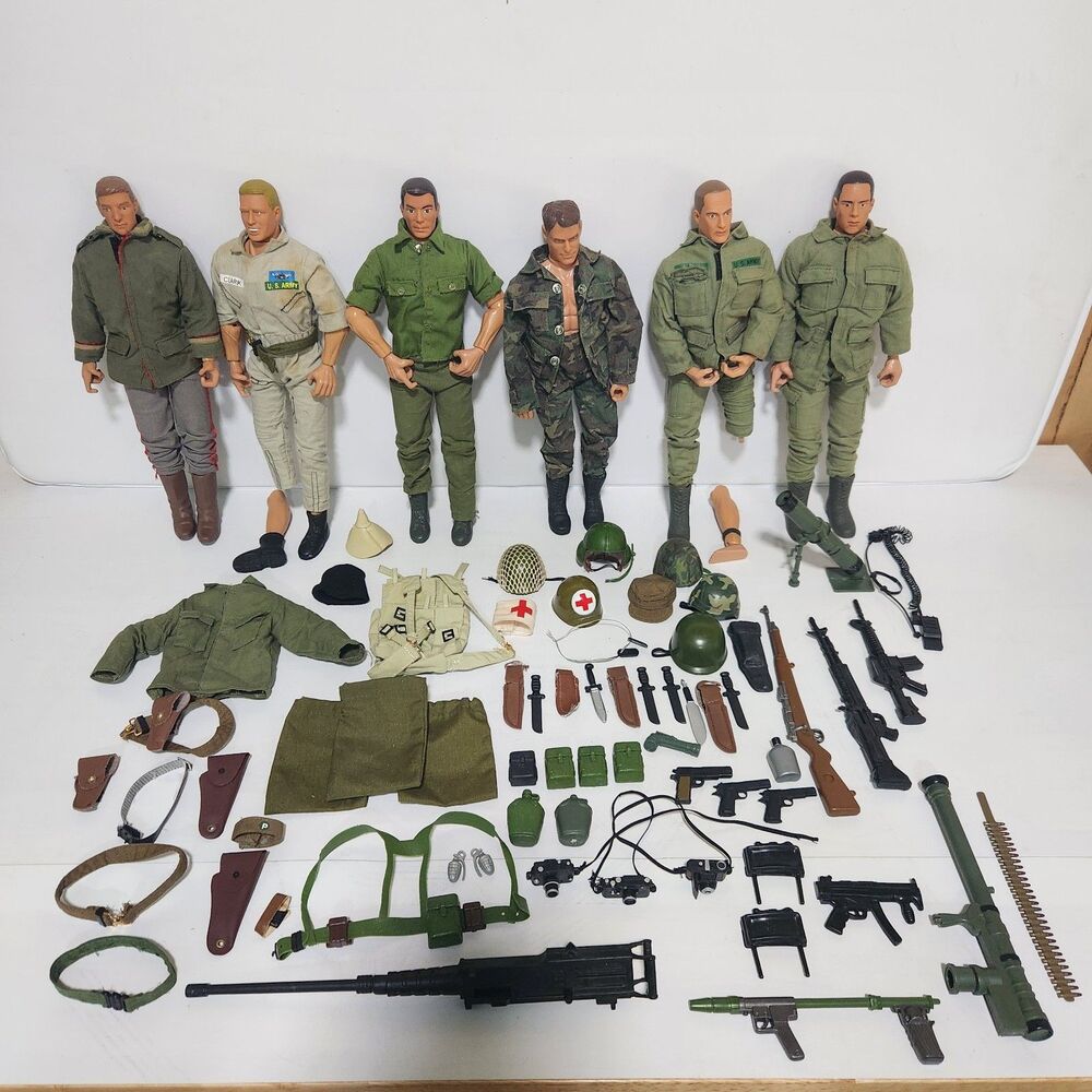 Vintage 90s Military Action Figure Doll & Accessories Lot: 6 Soldiers & 70+ Accs